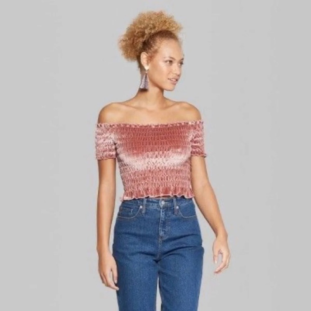 Wild fable smocked pink velvet top off shoulder